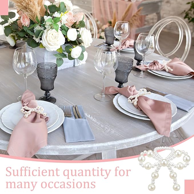 12 Pcs Pearl Bow Napkin Rings Imitation Bow Pearl Ring Napkin Holder Delicate Beaded Serviette Buckles for Christmas Wedding Party Dinner Table Decor and Daily Use