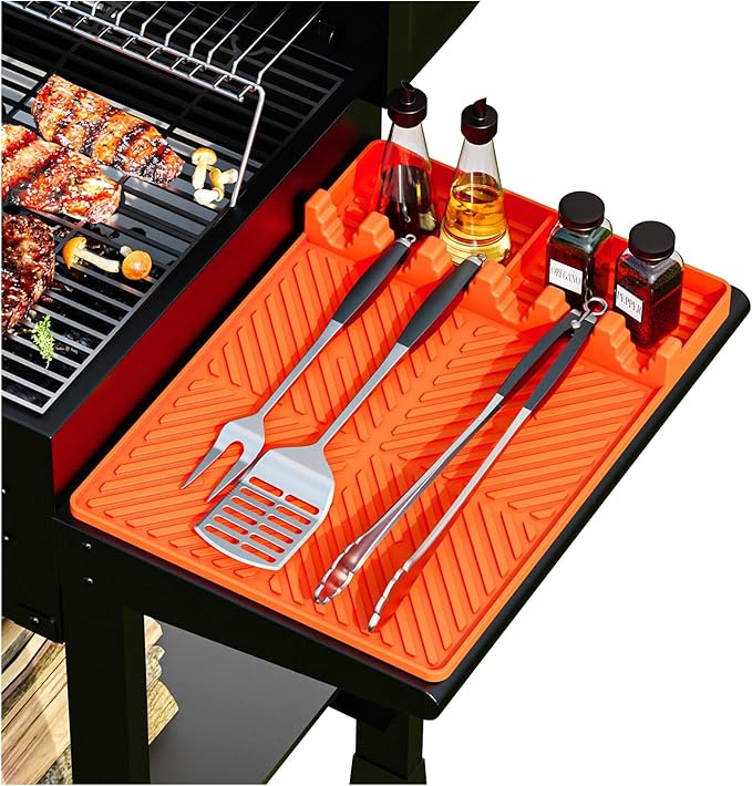 Silicone Griddle Tools Mat for Blackstone griddle accessories, Reusable grill accessories, Spatula Silicone Mat with Drip Pad for Outdoor Grill Side Shelves 16 * 11.5 inches （Orange)