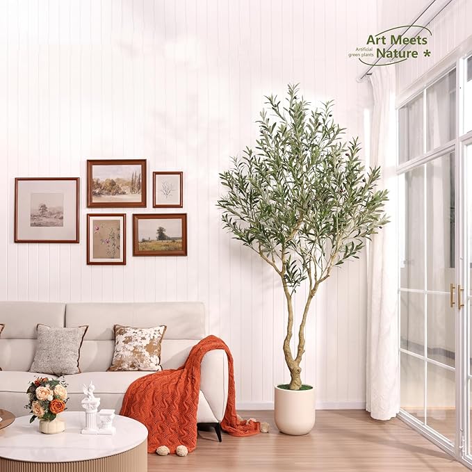 Artificial Olive Tree 8FT Tall, Faux Plants Indoor - Fake Plant with Lifelike Leaves,White Planter - Large Fake Olive Trees for Home Living Room Office Bedroom Floor Decor