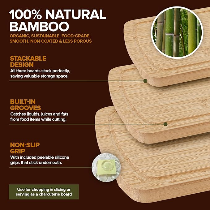 Wood Cutting Boards for Kitchen Counter – Organic Bamboo Cutting Board Set with Stick-On Grips (3 Pack), Thick Non-Slip Wooden Chopping Boards for Meat, Cheese, Produce & Serving