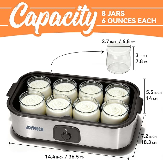 Yogurt Maker Machine, 8 Glass Jars with Lids Reusable for Yoghurt, Oatmeal, Pudding, or Jello, Food-Grade Martial, One-touch Control, Homemade Yogurt