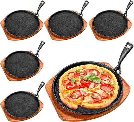 Mimorou 6 Sets Cast Iron Fajita Plate Set 9.84'' Steak Plate Sizzling Pan with Wooden Base and Gripper for Home Restaurant Kitchen Catering Cooking for Grilling Meats Seafood