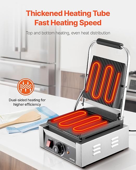 VEVOR Commercial Panini Grill, 1800W Electric Sandwich Panini Maker, Stainless Steel Sandwichs Press Grill with Handle and Temp Control, 8.8x9 in Full Grooved Enamel Plate for Hamburger Steak Bacon