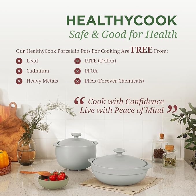 MINH LONG 2-Qt Porcelain Dutch Oven with Lid – Lead & Cadmium Free, Oven Safe to 482°F, Heat Retention, Clay Pot for Cooking on Gas & Infrared Cooktop, Use to Marinate, Cook, Bake, Refrigerate & Serve