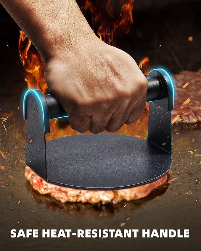 Burger Press, 6'' Round Burger Smasher for Griddle with Heat-Resistant Handle, Teflon-Coated Iron Non-Stick Hamburger Smasher Tool for Flat Top Griddle, Grill, BBQ, Cooking, Gift Package