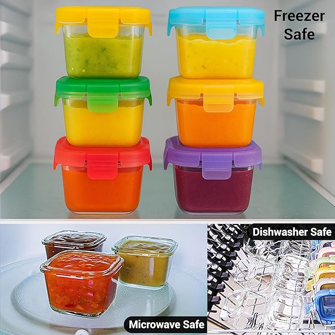ARSUK Square 5oZ Glass Food Storage Containers with Snap-On BPA-Free Lids 6 Pack, Small Glass Jars for Sauce, Spices, Meal Prep - Reusable & Dishwasher Microwave Fridge Freezer Safe