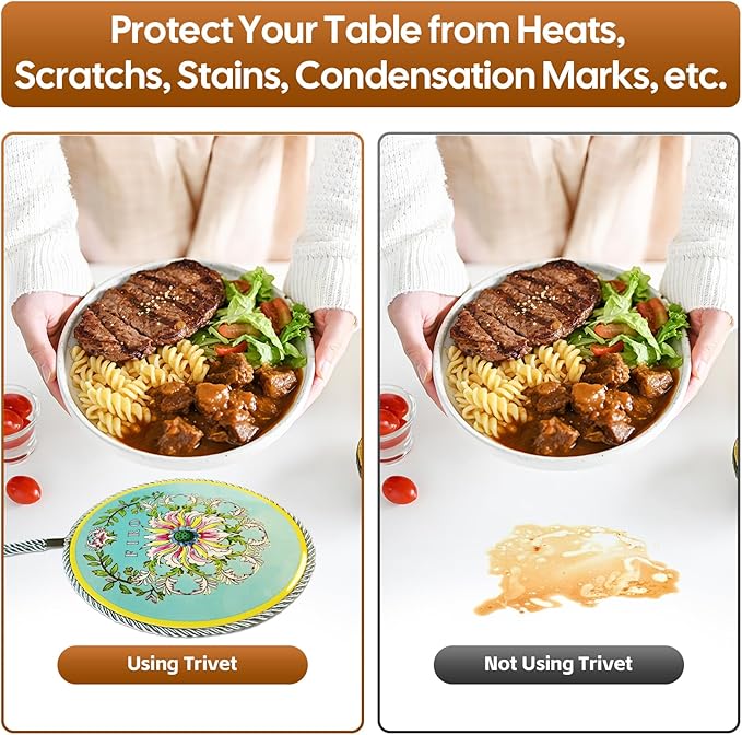 Ceramic Trivets for Hot Dishes,Anti-Slip with Heat Resistant Cork Trivet for Countertops and Tables,Protects Surfaces from Hot Pots,Pans,Cups,Decorative Coasters for Table,Dual-use,Portable Hanging