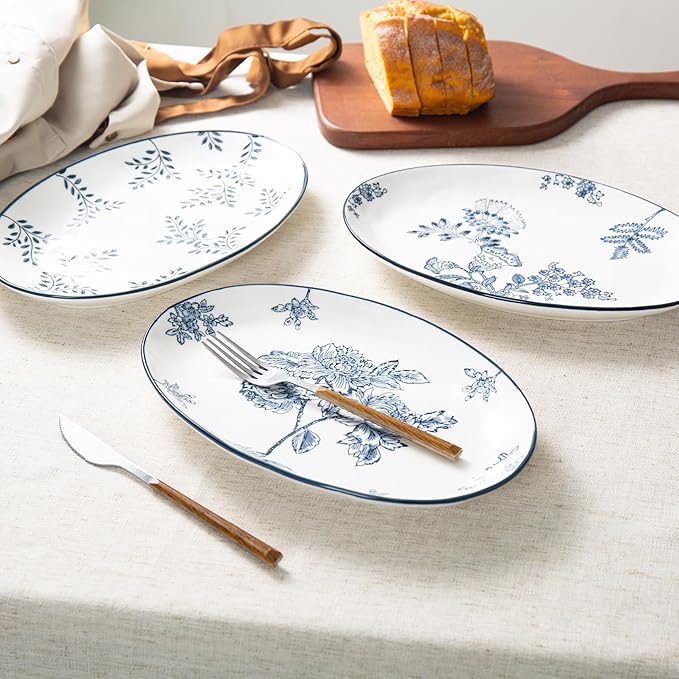 Ceramic Serving Platters, 12 Inch Large Serving Trays, Oval Plates for Dessert Appetizers Meat/Entertaining/Party, Blue and White, Set of 3