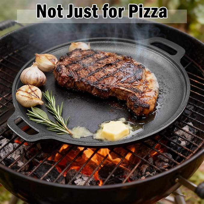 Gymdin 13.8 Inch Cast Iron Pizza Pan - Round Comal for Even Heating - Works on Oven, Grill & Campfire, Heavy-Duty Cast Iron Pizza Stone with Dual Handles
