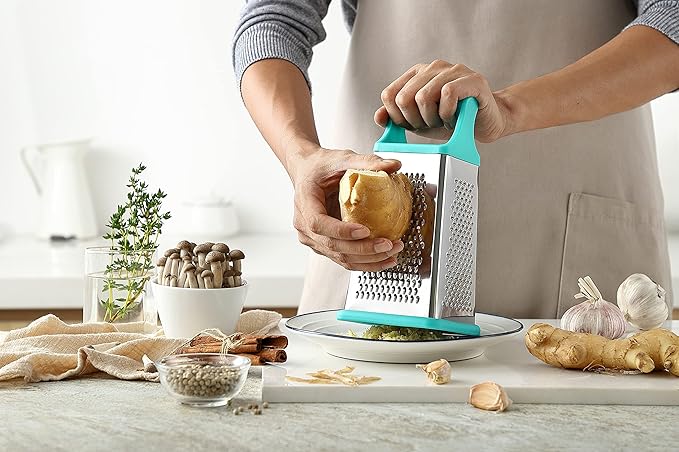 Marco Almond® KYA57B Box Grater,Stainless Steel Grater with 4 Sides,Slicer 5 Piece Set, Potato,Cheese,Cucumber,Salad Vegetables Graters Peelers, Turquoise