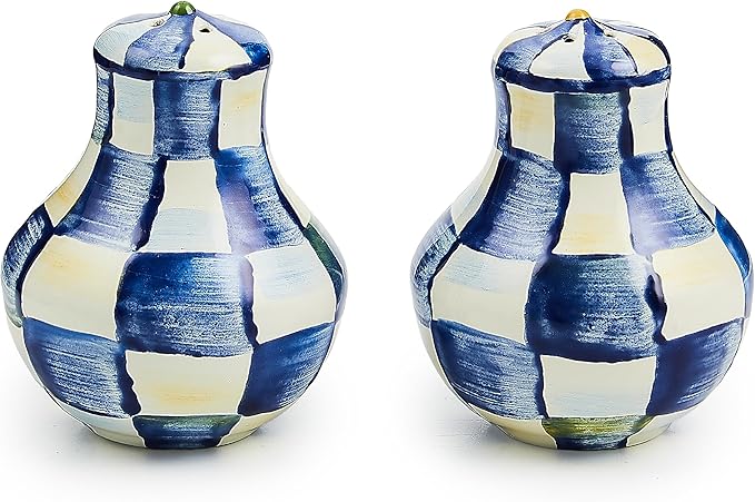MACKENZIE-CHILDS Enamel Salt and Pepper Shakers, Kitchen Table Spice Shaker Set, Blue-and-White Royal Check, Small