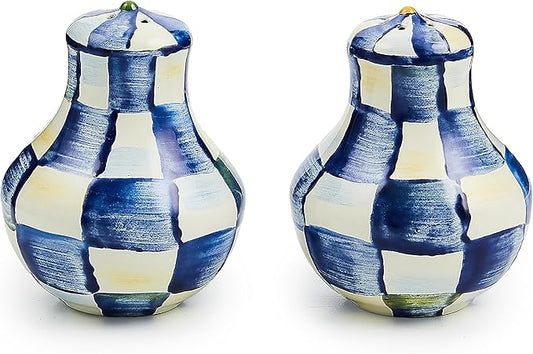 MACKENZIE-CHILDS Enamel Salt and Pepper Shakers, Kitchen Table Spice Shaker Set, Blue-and-White Royal Check, Small