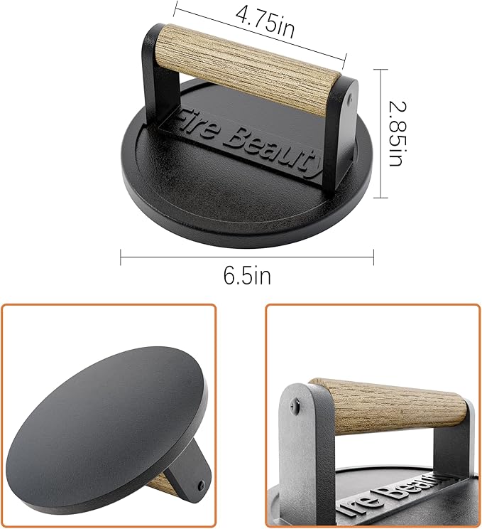 Fire Beauty Burger Press,6.5" Cast Iron Grill Press with Wood Handle,Food-Grade Smash Burger Press for Seared Bacon,Steak&Burger,Pre-Seasoned