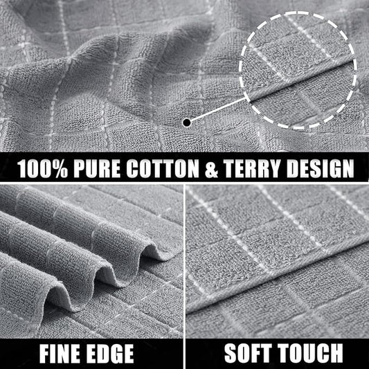 Mordimy 100% Cotton Terrycloth Kitchen Towels and Dishcloths Sets, Soft and Absorbent Checkered Dish Towels, Quick Drying Dish Rags for Washing Dishes, 4 Pack 12" x 12" & 4 Pack 12" x 12", Light Grey