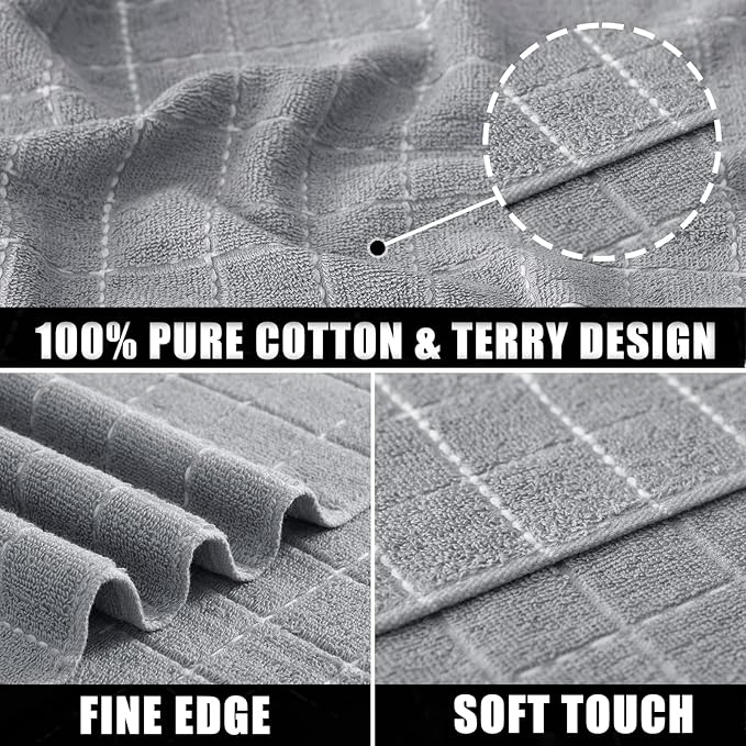 Mordimy 100% Cotton Terry Cloth Kitchen Towels, Super Soft and Absorbent Dish Towels for Drying, Checkered Designed Hand Towels for Kitchen, 16 x 26 Inches, 8 Pack, Light Grey