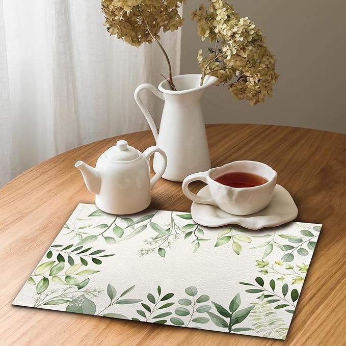 Eucalyptus Rustic Placemats Cottagecore Botanical Tablemats Resistant Place Mats Kitchen Decor Dining Decoration for Party, Washable Floral Placemats Set of 4-05