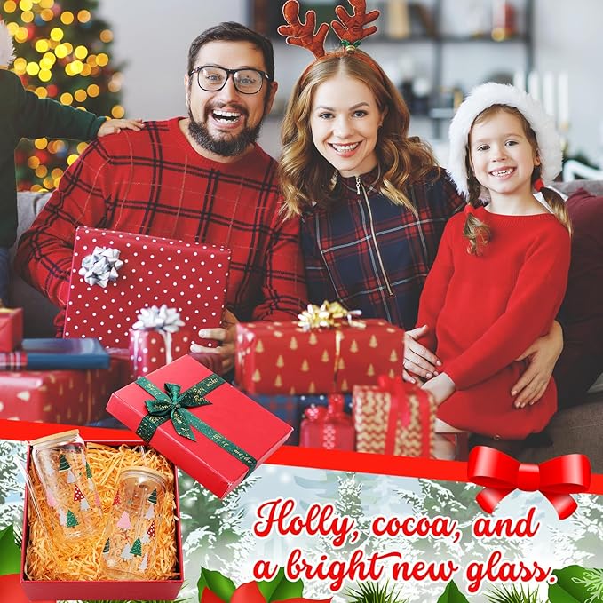 Sliner 2 Pcs Christmas Tree Glass Cups Xmas Winter Tumbler with Lid Straw Drinking Glasses 16 oz Iced Coffee Cup with Cleaning Brush Beer Can Tumbler Cute Holiday Gifts for Home Office Decorations