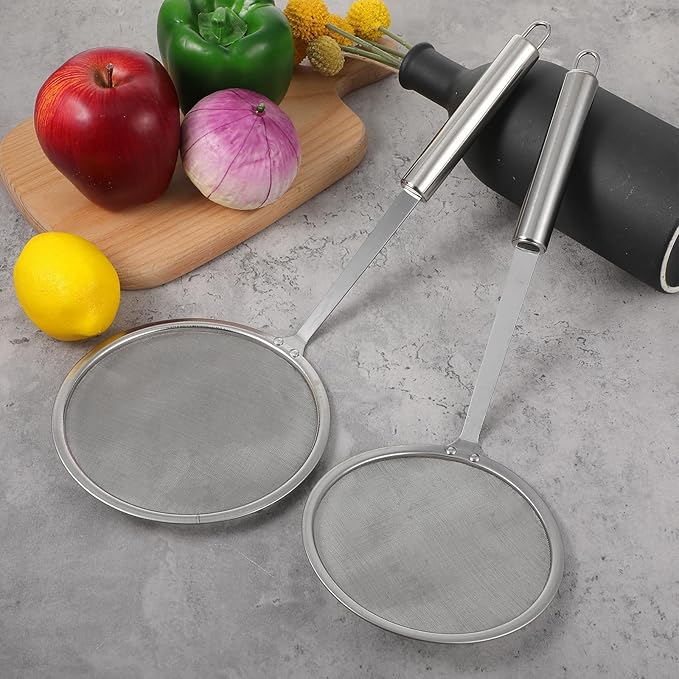 2 Pcs Stainless Steel Strainers Fine Mesh Colander with Handle 2025 Upgrade Extra Fine Mesh Strainers for Cooking Skimmer Spoon Filte Grease Foam Oil Filter Food Strainer Kitchen Gadgets (Small+Large)
