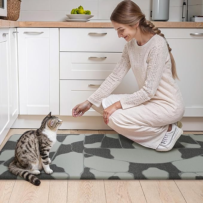 GENIMO Kitchen Mats for Floor 2PCs, Washable Anti Fatigue Mat for Cushioned, 17.3"x47"+17.3"x30", Waterproof Kitchen Rugs, Non Slip Comfort Standing Mat Rug for Sink, Laundry, Home, Black & White