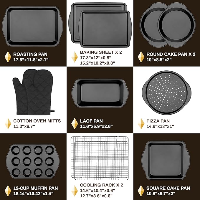 Gymdin 13 PCS Nonstick Bakeware Set - Carbon Steel Baking Pans Set with Dual Handles, Includes Roasting Pan, Pizza Pan, Cookie Sheet, Cake Pans, Muffin Pans, Cooling Rack, Oven Mitts, Non-Toxic