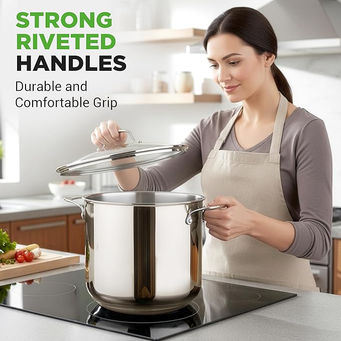 NutriChef 15-Quart Stainless Steel Stock Pot with Tempered Glass Lid - Induction Compatible Large Stockpot, Ideal for Stews & Soups, Dishwasher Safe - NCSP16