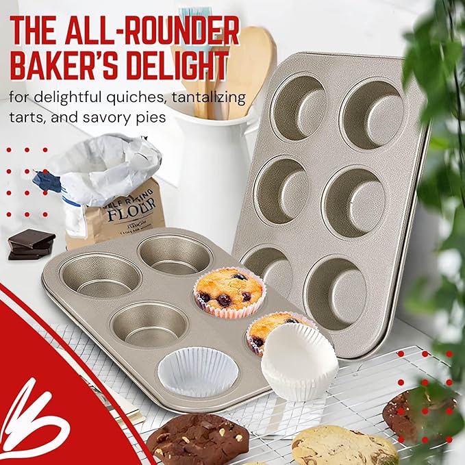Flexzion Muffin Tray Cupcake Baking Pan 2 Pack, Carbon Steel Muffin Tins Nonstick 6 Cups, Cupcake Tin Bakeware Accessories for Baking Cupcake Muffin Brownies Snack, Fridge Safe, Champagne Gold