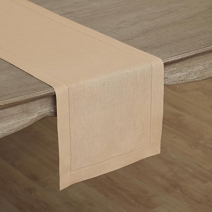 Solino Home Linen Beige Table Runner 120 Inches Long - 100% Pure Linen 14 x 120 Inch Table Runner for Spring, Easter - Classic Hemstitch