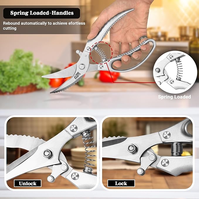 Poultry Scissors- Professional Heavy Duty Kitchen Shears for Spatchcocking Chicken and Meat Cutting- Multi-Purpose Kitchen Scissors for Food - Stainless Steel
