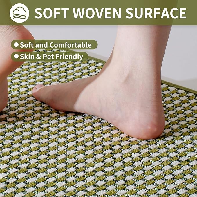 Long Kitchen Runner Rugs Kitchen Mat Non Slip Washable, Super Absorbent Soft Chenille Braided Kitchen Mats for Floor, Rubber Backing Kitchen Floor Sink Standing Mat, Easy Clean, Green 17"x71"