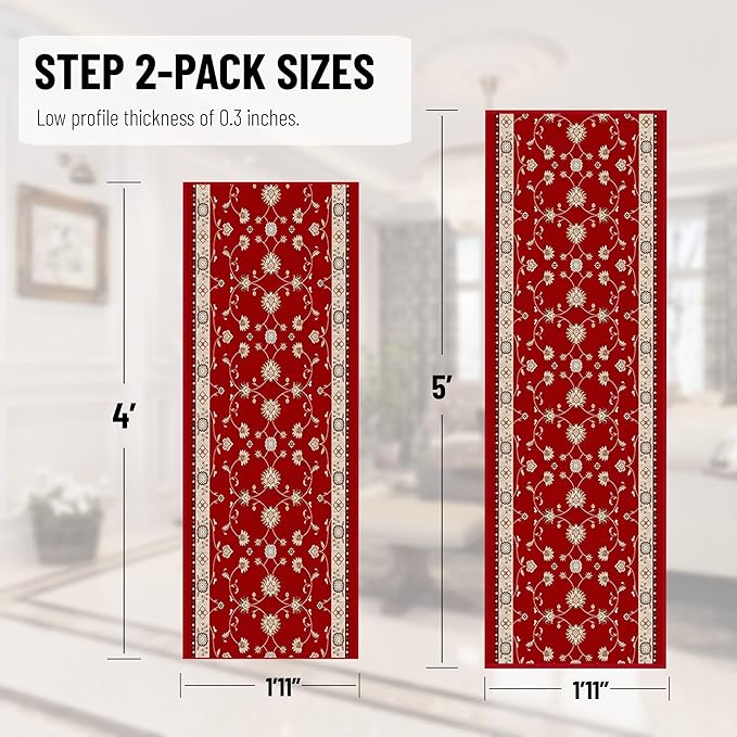 Ottomanson 2-Piece Kitchen Rug Set - Non Slip Runner & Washable Mat - 1'11" x 4' + 1'11"' x 5' - Durable, Stain Resistant for Entryway, Bedroom and Bathroom, Mahal Red