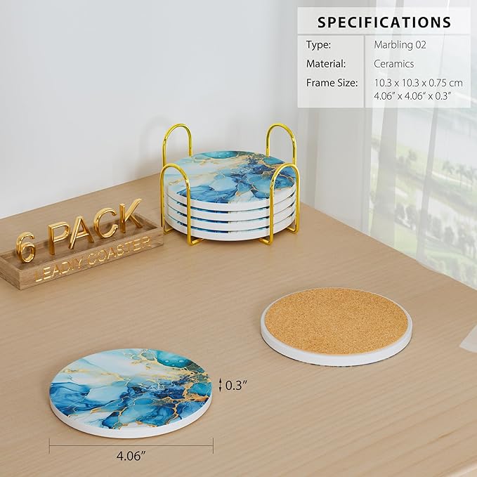 6Pcs/Set Marble Abstract Ceramic Coasters with Holder, Absorbent Drink Coasters, Coffee Cup Coaster,Round Ceramic Table Coasters Set Decorative
