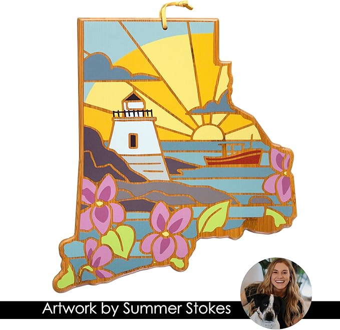 Totally Bamboo Rhode Island State Shaped Cutting Board and Charcuterie Serving Platter with Artwork by Summer Stokes, Includes Hang Tie for Wall Display