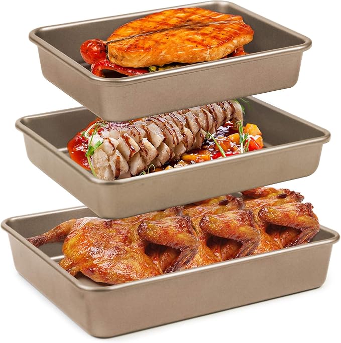 SuperMa 3 Pack Deep Baking Pans Set Nonstick Rectangular Cookie Sheets 9 11 13 Inch Baking Sheets for Baking Bread, Toaster Bakeware Gold
