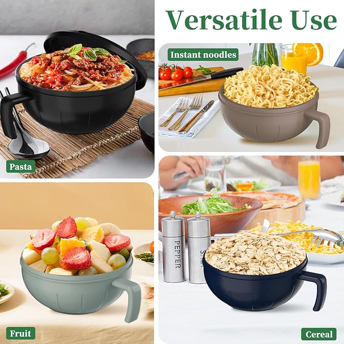 steo spce Large Ramen Bowl Set, 40 Oz Microwaveable Noodle Cooker with Leak-Proof Lids, Chopsticks, Spoon & Fork – Portable and Dishwasher Safe, Ideal for Home, Office, Dorm, or Gift Light (Khaki)