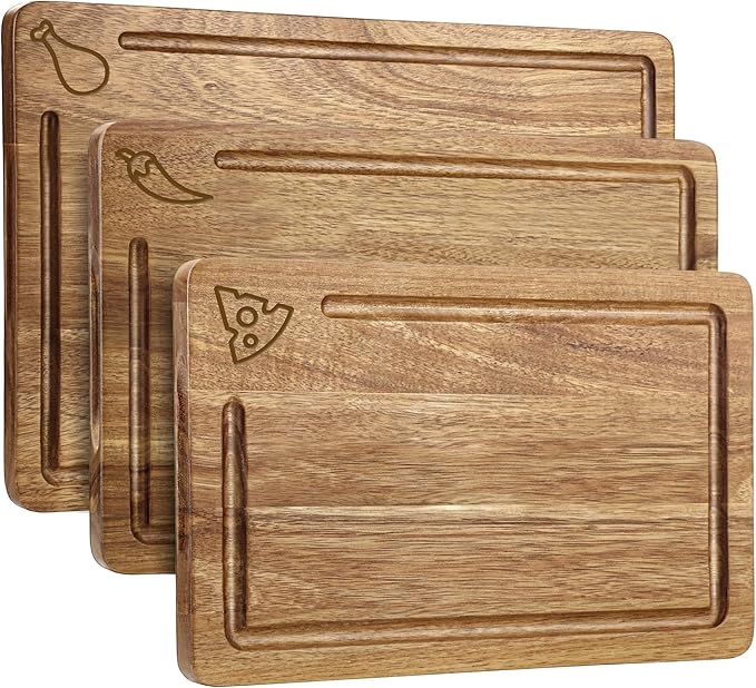Acacia Wood Cutting Board for Kitchen,Built-In Handles with Juice Groove Chopping,Large Medium Small Board Set of 3 for Meat, Vegetables And Fruits,Kitchen Essential Gift (Gray)