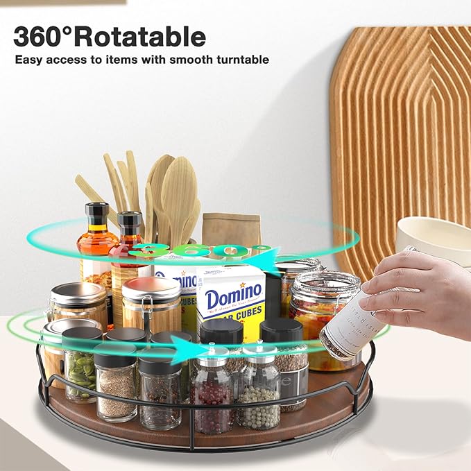 Lazy Susan Turntable Organizer for Cabinet Pantry Kitchen Countertop Refrigerator Cupboard, Pine Wood, 12", Brown