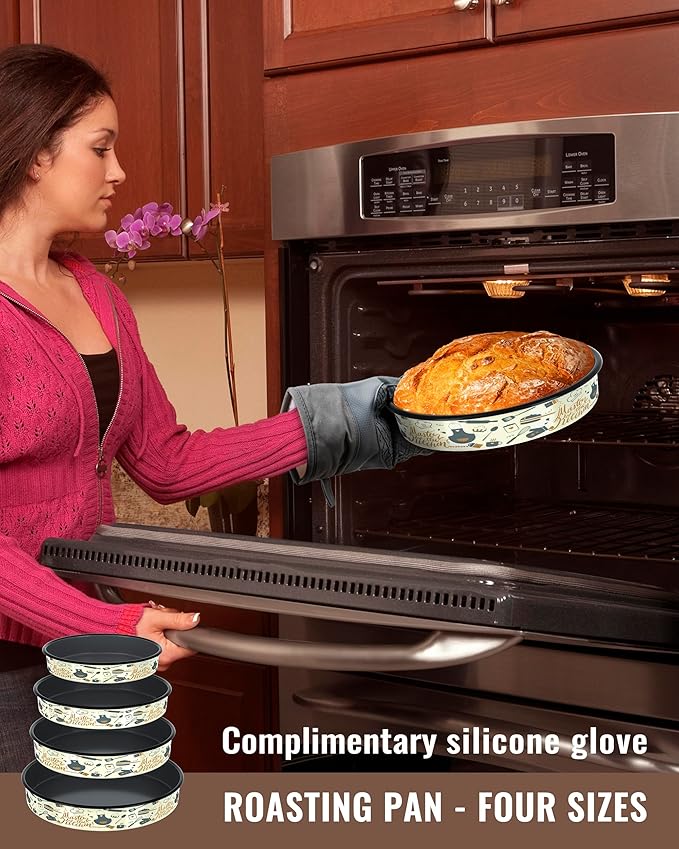 MCCSI Round Baking Pan Set Roasting Dish 4-Pack 9/10/12/14 Inches Enamel Non Stick Large Cookware for Cake Bread Pie Pizza Turkey Steak, Non-Toxic Oven Dishwasher Safe Mom's Christmas Gift Bakeware