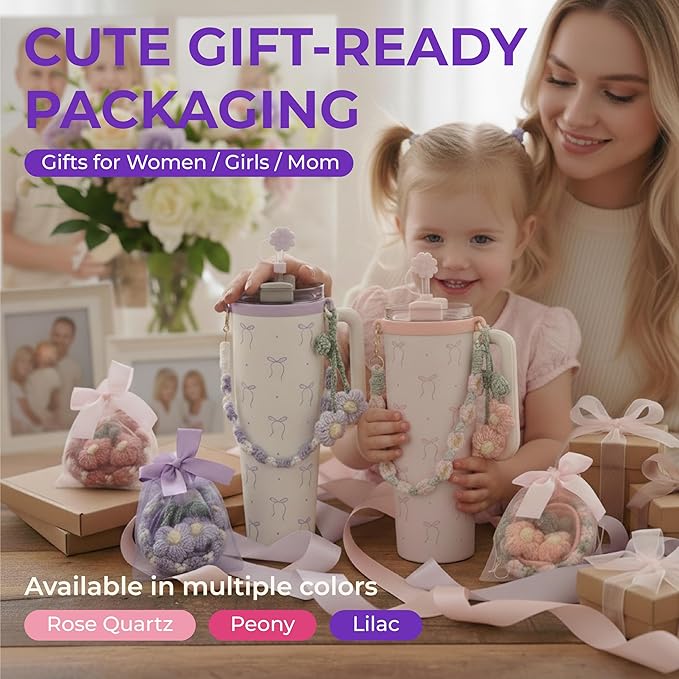 Water Bottle Accessories for Stanley Cup 40 oz 30 oz Tumbler, Including Handle Strap, Silicone Straw Topper Cover, Charm, Original Bow Sticker, Cute Birthday Gifts for Women Her Mom Daughter (Lilac)