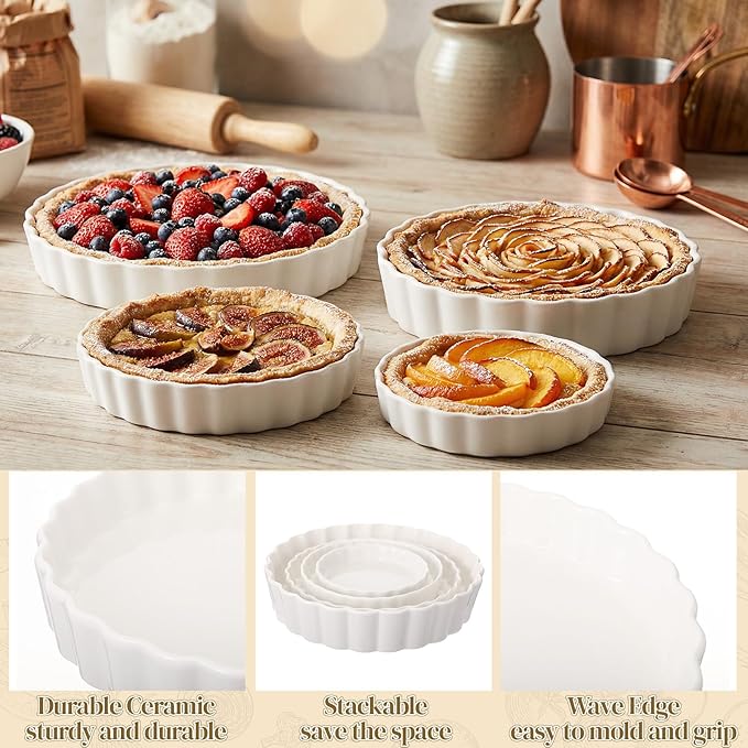 4 Packs Ceramic Pie Pan Set 6"/7"/9"/11" Deep Pie Plate Round Baking Dish Quiche Baking Dish Bakeware Tart Molds Oven Safe for Serving
