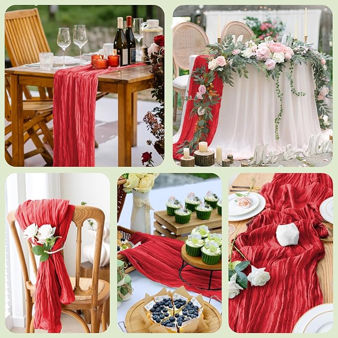 Wokceer Cheesecloth Table Runner 12Pack 10FT Red Gauze Christmas Fall Cheese Cloth Table Runner for Party Long Rustic Sheer Thanksgiving Table Runners for Baby Bridal Shower Wedding Easter Table