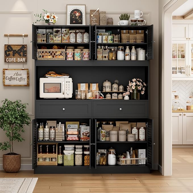 HIFIT 71" Hx55''W Large Kitchen Hutch Storage Cabinet, Farmhouse Coffee Bar Hutch with Microwave Stand, Tall Kitchen Pantry Cabinet with Louvered Doors, 2 Cable Holes, 2 Drawers, Black
