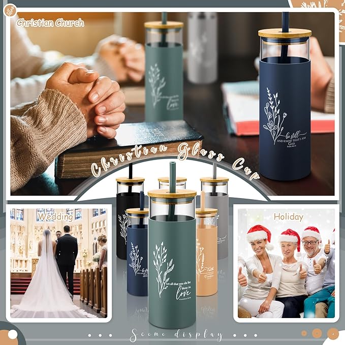 Inspirational Gifts Bulk 16 oz Glass Cups Aesthetic Can Shaped Coffee Cups with Bamboo Lid Straw Employee Appreciation Gifts for Women Teacher Nurse Office Business Favor(Christian)