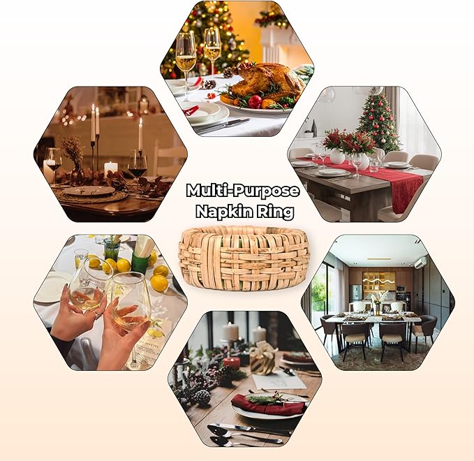CLEENTABLE Rustic Napkin Rings Set of 12 - Elegant Round Cane Napkin Rings, Easy to Clean, Durable Versatile for Table Settings, Special Occasion, Easter Table Decor & Gift Giving Ideas (Natural)
