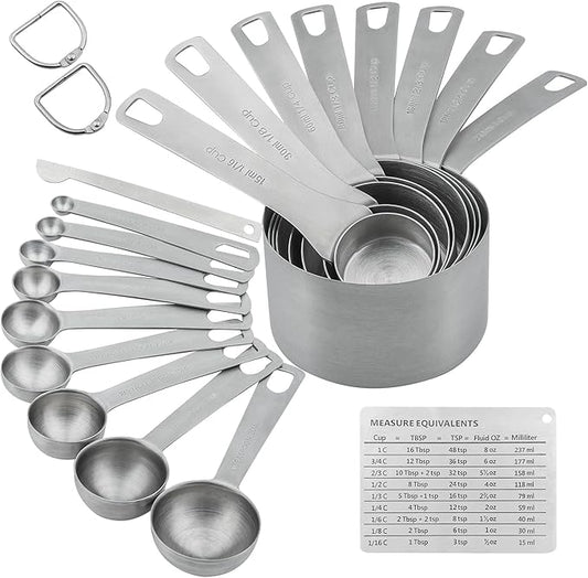 Measuring Cups and Spoons Set, 18/8 Stainless Steel 8 Measuring Cups and 9 Measuring Spoons with Leveler and Measurement Enquivalents, Kitchen and Baking Measure Cups Spoons Set of 19