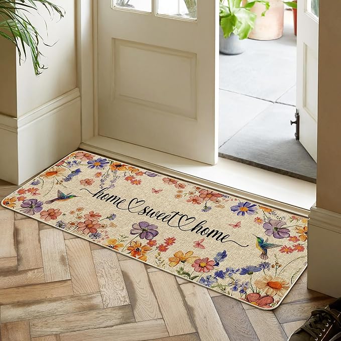 Flower Spring Kitchen Mats for Floor Set of 2, Wildflower Summer Floor Mats, Non Slip Rubber Backing Kitchen Floor Mat and Rug Set for Kitchen Sink, Office, Laundry