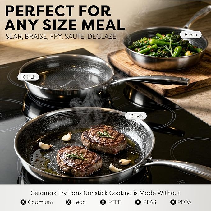 CERAMAX Gotham Steel Hybrid 3pc Stainless Steel Non Stick Frying Pans Set, 8,10,12 inch Ceramic Frying Pan Skillet Set, Induction Ready, Made without PFAS & PFOA, Oven and Dishwasher Safe - Black