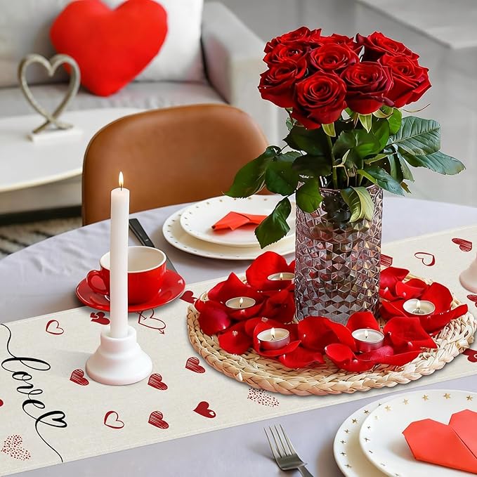 Valentines Day Table Runner 13x90 Inch, Love Hearts Valentine Table Runner, Anniversary Home Kitchen Dining Table Holiday Party Decorations
