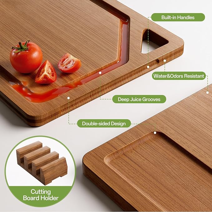 Bamboo Cutting Board Set with Holder，3 Packs Wood cutting boards with Non-Slip Rubber Padding, Deep Juice Grooves & Built-in Handles, Bamboo Chopping Boards Set for Meat, Vegetables and Fruits