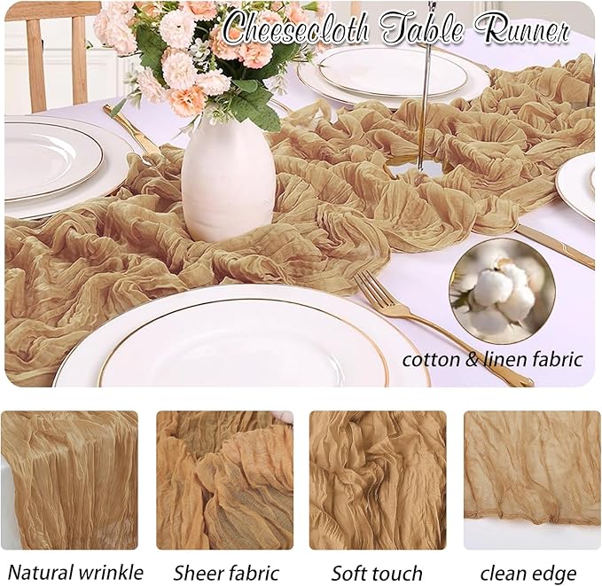 Nude Cheesecloth Table Runner 6 Pack 35" Boho Gauze Runner 120 inches Long Tablecloth Runner Rustic Sheer Fabric Bulk for Baby Shower Wedding Bridal Birthday Party Picnic Table Decorations