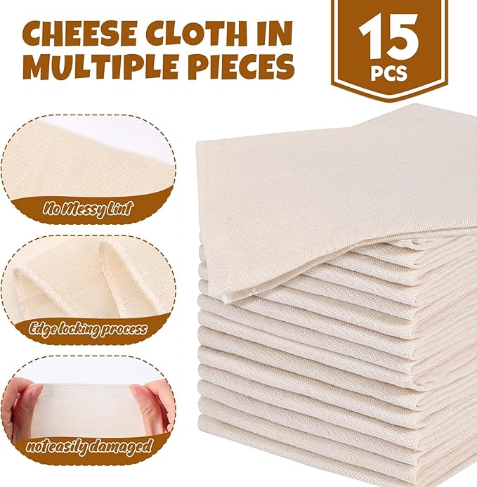 15 PCS Cheese Cloths for Straining, 20x20 Inch, Organic Cotton Cheese Cloths Unbleached, Cheesecloth Reusable With Hemmed Edge for Straining Liquid, Cheese Making,Juicing,Baking and Cooking.